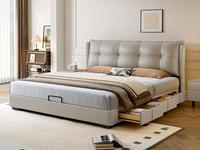 欧瑞仕 极简风格 高定头层黄牛皮 全实木抽屉 宽大饱满有型高靠包 床侧多功能储物三抽 收纳力Max 右抽屉款 卡其灰 1.5*2.0米床（搭配10公分松木排骨架）（面向床抽屉在右）