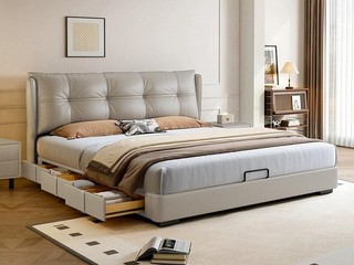  极简风格 高定头层黄牛皮 全实木抽屉 宽大饱满有型高靠包 床侧多功能储物三抽 收纳力Max 左抽屉款 卡其灰 1.5*2.0米床（搭配10公分松木排骨架）（面向床抽屉在左）