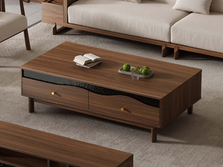  宋式美学 高端进口黑胡桃木 灵动波浪装饰 通透长虹玻璃 大容量储物抽屉 1.4米 全实木茶几（天然实木家具、纹理自然随机）