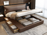 欧瑞仕 极简风格 巴甫洛夫真皮床 高定头层黄牛皮 高箱+抽屉组合 大容量储物设计 豪奢大面积真皮床头 质感双边U字型五金装饰 精致蜈蚣黑钛五金脚 摩卡色 1.8*2.0米齐边床（面向床抽屉在左）