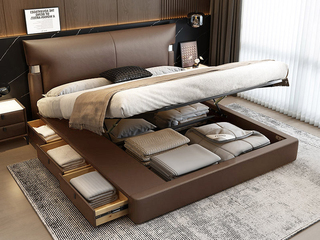  极简风格 巴甫洛夫真皮床 高定头层黄牛皮 高箱+抽屉组合 大容量储物设计 豪奢大面积真皮床头 质感双边U字型五金装饰 精致蜈蚣黑钛五金脚 摩卡色 1.5*2.0米齐边床（面向床抽屉在左）