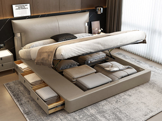  极简风格 巴甫洛夫真皮床 高定头层黄牛皮 高箱+抽屉组合 大容量储物设计 豪奢大面积真皮床头 质感双边U字型五金装饰 精致蜈蚣黑钛五金脚 卡其灰 1.8*2.0米齐边床（面向床抽屉在左）