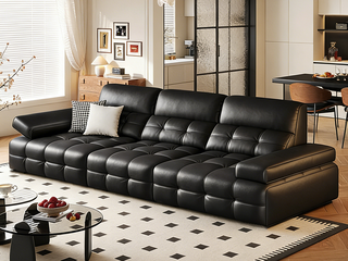  意式极简 奥克斯真皮沙发 高定头层黄牛皮 厚实柔韧座前大面积真皮 三挡可调节扶手 枕靠无压 高靠背舒适微倾松弛角度 饱满松软棉花糖坐感 直排四人位沙发