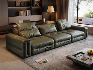  意式极简 慕尼黑皮艺沙发 柔韧耐磨仿真皮 天然蓬松羽绒 plus座包云团触感 传统手工褶皱工艺 赋予自然松弛感 橄榄绿 四人位沙发