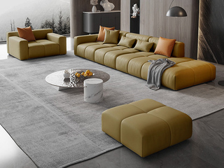 【现货】 极简风格 设计师推荐款钢琴沙发 健康环保 光滑细腻 天然蓬松羽绒靠包 45D高密度Q弹海绵 进口俄罗斯松木框架 单人位+脚踏+3.4米右扶手直排 组合沙发