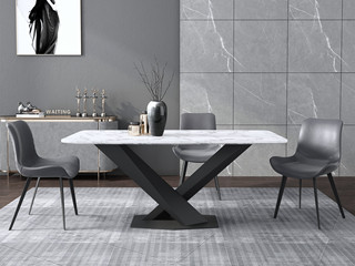  现代简约 中花白大理石 五金底架 黑白色 1.4米长餐桌