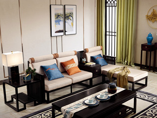 【现货】 新中式 东南亚进口红檀木 优质细麻（面料） 真丝抱枕 K909 转角沙发（3+脚踏+案几）