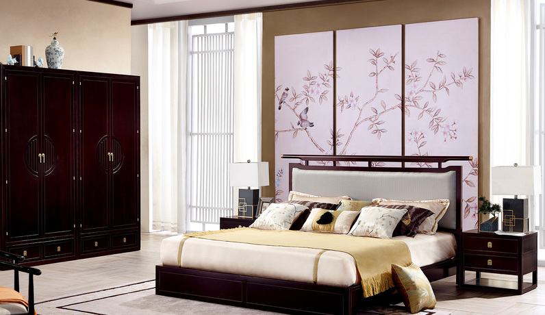 墨舍 新中式 东南亚进口红檀木 真丝靠包W976 1.8*2.0米床