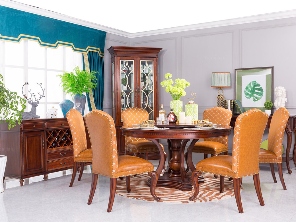 博洛妮亚 进口桃花芯木美式圆餐桌1.35米圆桌