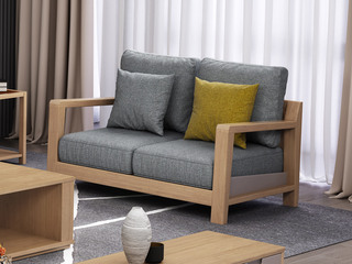  北欧风格 泰国进口橡胶木坚固框架 优质棉麻布艺 双人位沙发