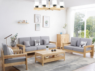  北欧风格沙发 优质橡胶木 高密度海绵软包 原木色实木 回归自然 沙发组合（1+2+3）