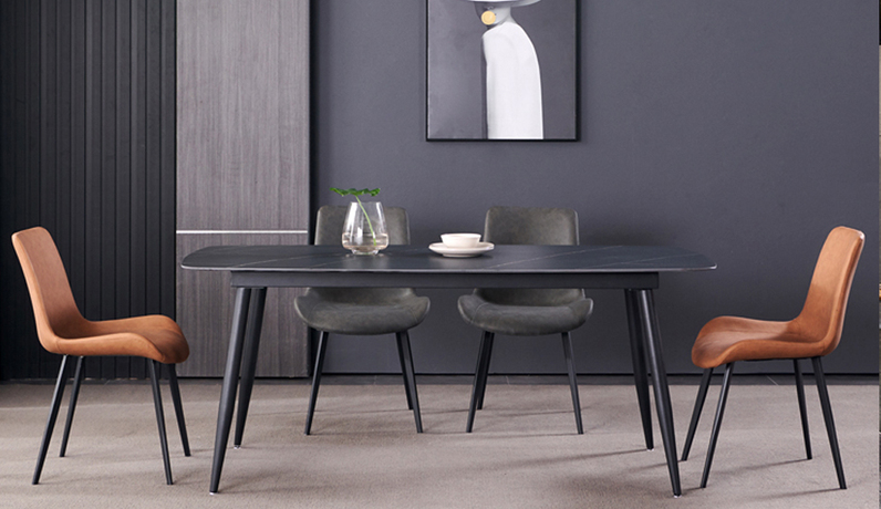 斐亚家居 极简 劳伦黑金哑光岩板 碳素钢黑砂（底架） 1.3米 长餐桌