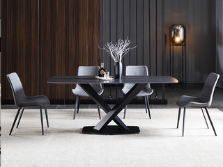  极简 直边形劳伦黑金哑光岩板 碳素钢黑砂（底架） 1.3米 长餐桌