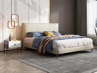  极简风格 舒适软靠+实木框架 百搭米黄色1.8*2.0米皮艺高箱床（搭配10公分松木排骨架）