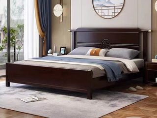  新中式 橡胶木檀艺 主卧 双人床 1.8米床 （三档调节8-23公分床垫都能适配）