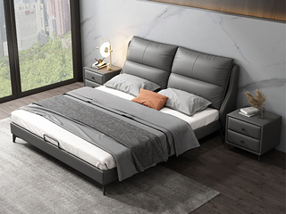 时尚简约 充盈软靠+实木框架 深灰色 皮艺 1.5*2.0米双人床高箱床（搭配10公分松木排骨架）