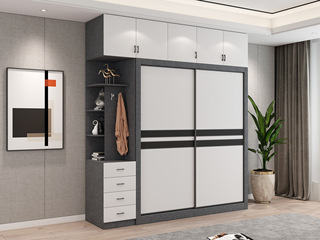  轻奢风格 环保实用 黑白拼色推拉门 2开门衣柜组合（长1.2米衣柜+长1.6米顶柜+长0.4米边柜）