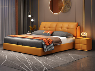  现代简约 实木框架 柔软舒适海绵 金橙色皮艺1.5*1.9米床（搭配10公分松木排骨架）