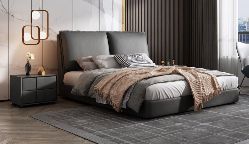 卡罗亚 极简风格  充盈软靠 实木 深灰色 皮艺 1.8*2.0米双人床（搭配10公分松木排骨架)