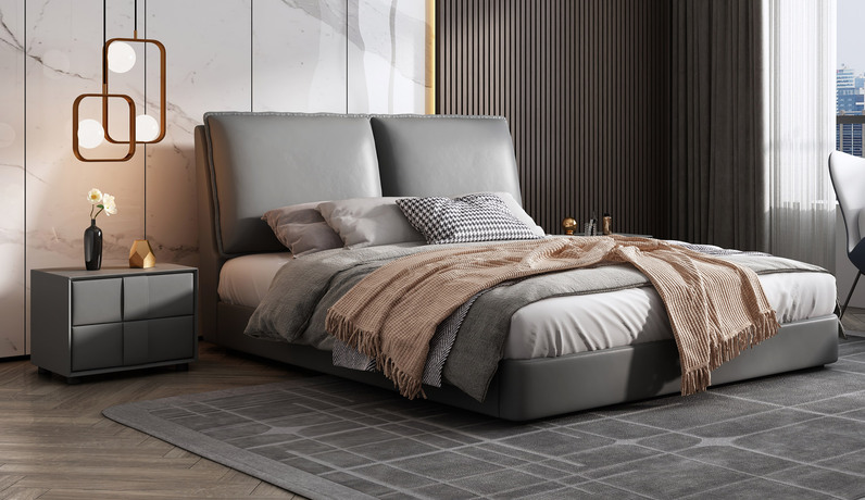 卡罗亚 极简风格  充盈软靠 实木 中灰色 皮艺 1.5*2.0米双人床（搭配10公分松木排骨架)