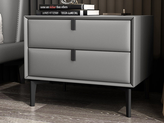  极简风格 实木内架 优质扪皮 浅灰色 床头柜