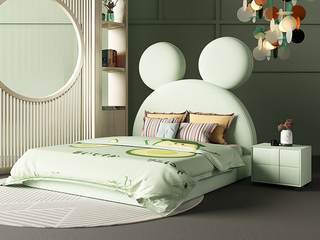  轻奢风格 柔软亲肤 青绿色 实木高箱 布艺 米老鼠床头C款1.5*2.0米儿童床（图片为排骨架床 图片为真皮款，此配置为麻布款）
