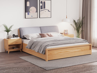  北欧风格 北美进口白蜡木 布艺软靠 1.8*2.0米 原木色 高箱床