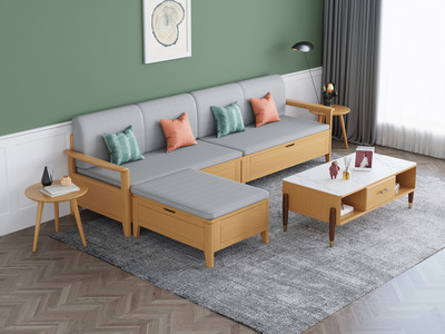  北欧风格 榉木坚固框架 白杨木 高弹舒适 原木色 实用型储物 四人位+脚踏沙发组合
