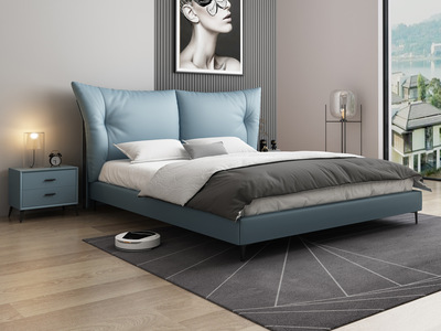  极简风格 优质皮艺+实木框架 高回弹舒适软靠包 鸽蓝色 1.5米床（搭配松木排骨架）