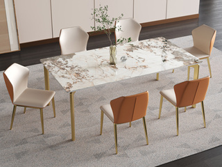  轻奢风格 不锈钢拉丝+蒙娜丽莎亮光岩板 1.4米 餐桌